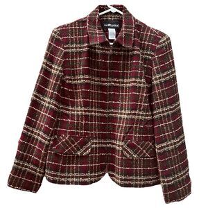 Sag Harbor Vintage Boucle Tweed Zip Front Jacket Burgundy Plaid Womens 10P